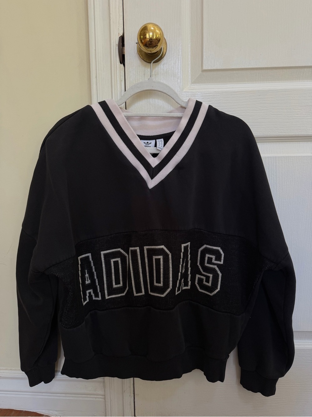 Adidas Vintage Black V-Neck Sweatshirt with White Trim